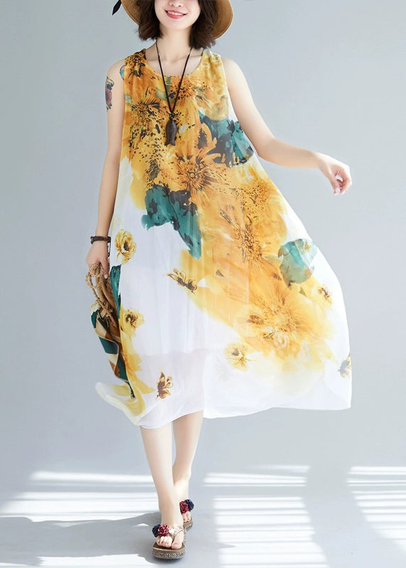 Stylish Yellow O-neck Print Chiffon Dresses Sleeveless