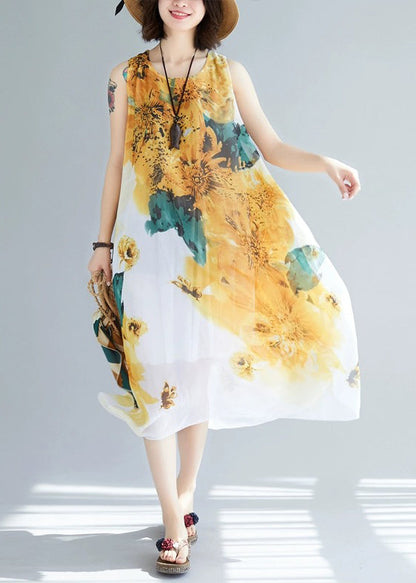 Stylish Yellow O-neck Print Chiffon Dresses Sleeveless