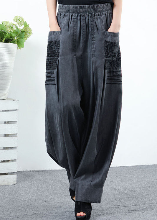 Classy Black Grey Pockets Wrinkled Denim Pants Spring
