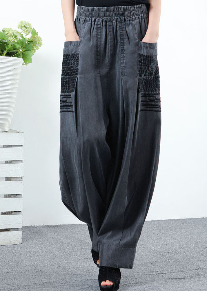 Classy Black Grey Pockets Wrinkled Denim Pants Spring