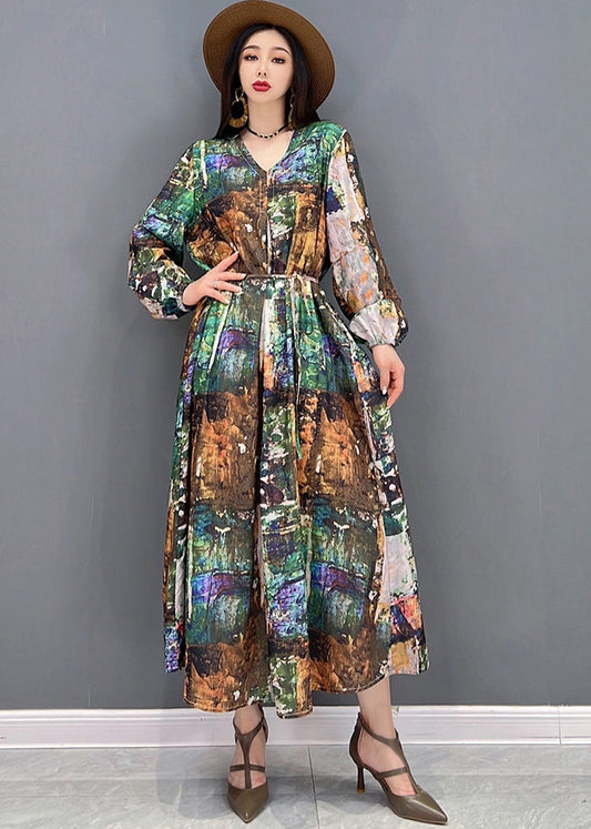Colorblock V Neck Print Tie Waist Chiffon Holiday Dress Long Sleeve