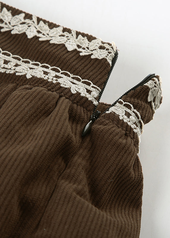 Brown Zippered Lace High Waist Corduroy Skirts Summer