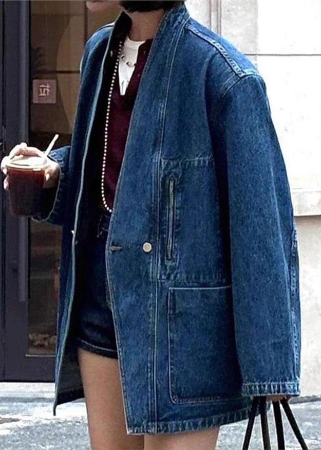 Blue V Neck Button Pockets Denim Coat Spring