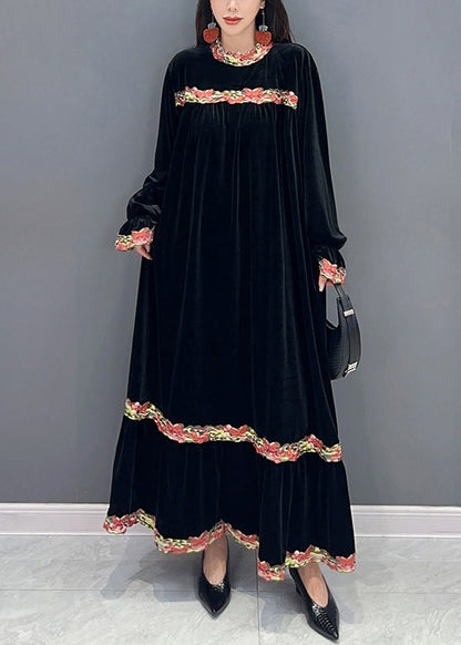 Black Patchwork Silk Velour Stand Collar Long Dress Spring