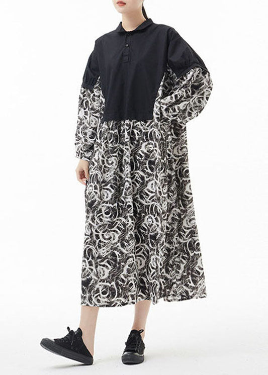 Simple Colorblock Peter Pan Collar Print Patchwork Chiffon Shirt Dress Spring