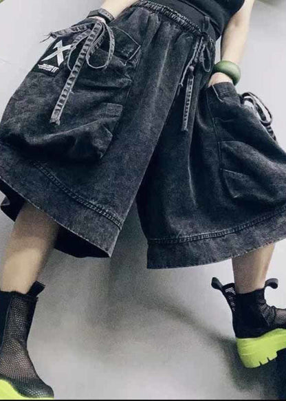 Black Elastic Waist Big Pockets Cotton Wide Led Shorts Summer