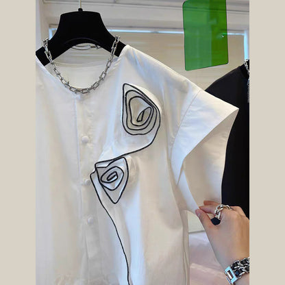 Vogue White O-neck Rose Button Shirts Batwing Sleeve Summer