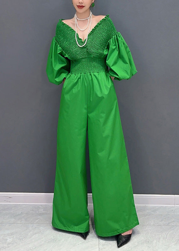 Green V Neck Wrinkled Elastic Waist Jumpsuit Summer