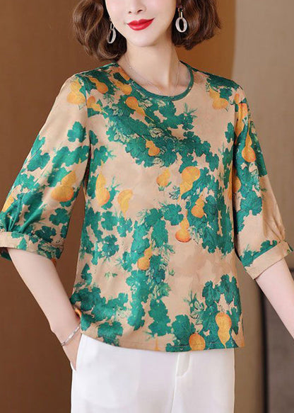 Green Print Wear on Both Sides Blouse Tops O Neck Half Sleeve