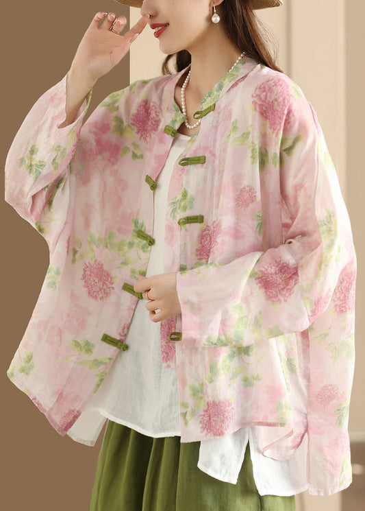 Pink Oversized Print Linen Oriental Shirt Top Summer