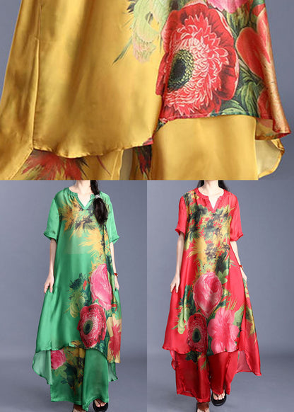 Yellow Print Silk Two Piece Set Asymmetrical Design Short Sleeve
