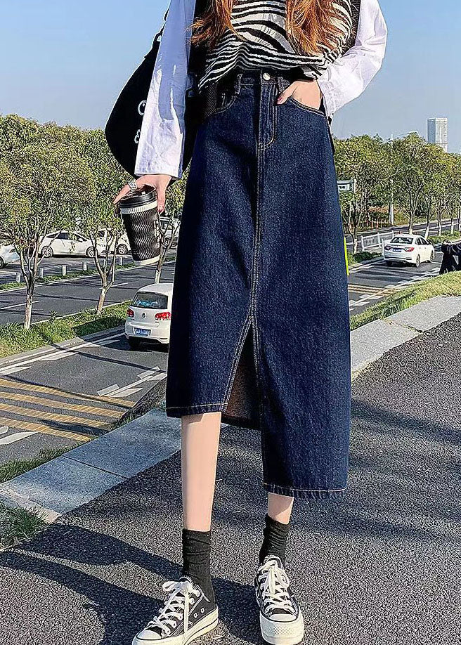 Navy Side Open Asymmetrical Pocket Cotton Denim Wraped Skirts Summer