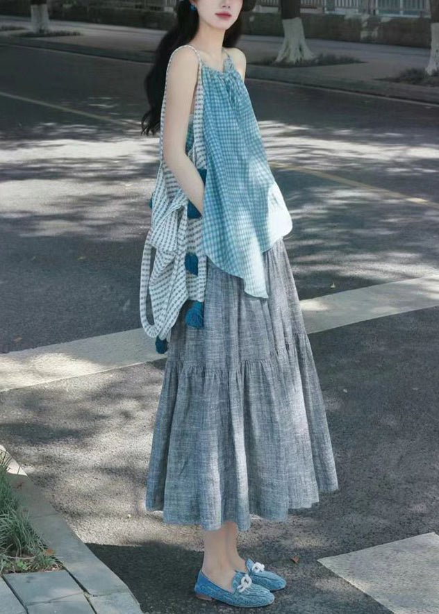 French Plaid Asymmetrical Tops and Grey Skirts Cotton Two Pieces Set Sleeveless
