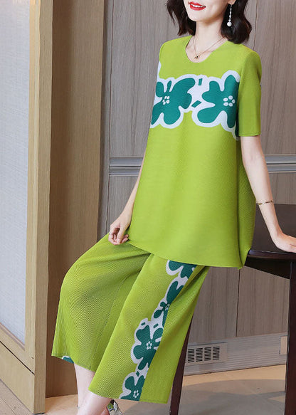 Green O-neck Wrinkled Print Tops and Crop Pants Two Pieces Set Short Sleeve