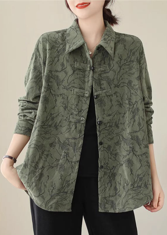 Green Peter Pan Collar Chinese Button Cotton Shirt Tops Fall