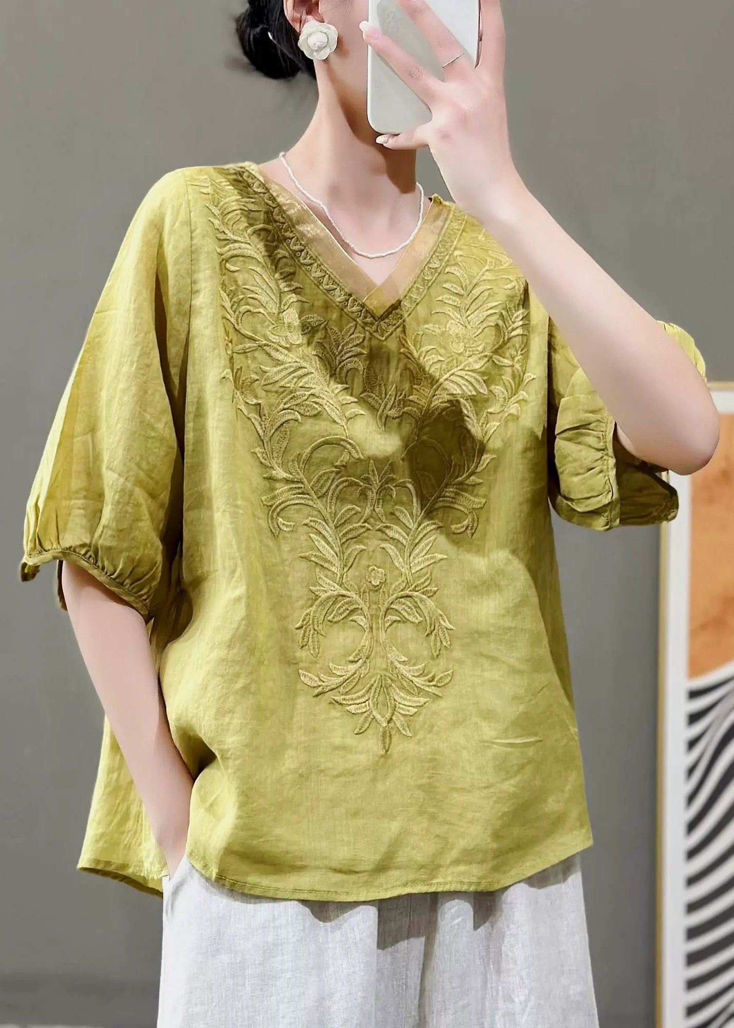 Nwe Purple V Neck Embroidered Linen Top Summer