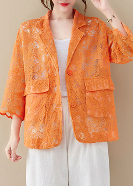 Italian Orange Button Peter Pan Collar Lace Coats Long Sleeve