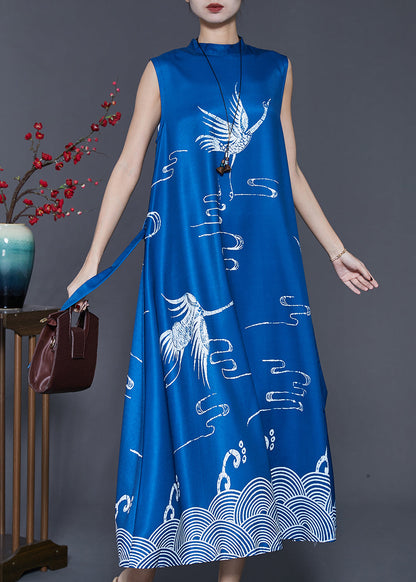 French Blue Stand Collar Print Cotton a Line Dress Sleeveless