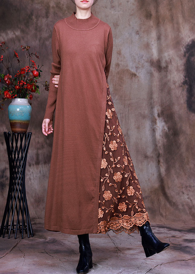 Diy Chocolate Knit Patchwork Lace Embroideried Fall Dress