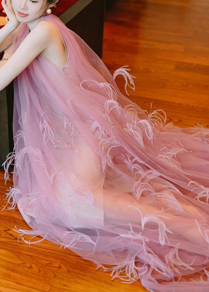 Style Pink Tasseled Patchwork Tulle Robe Dresses Sleeveless