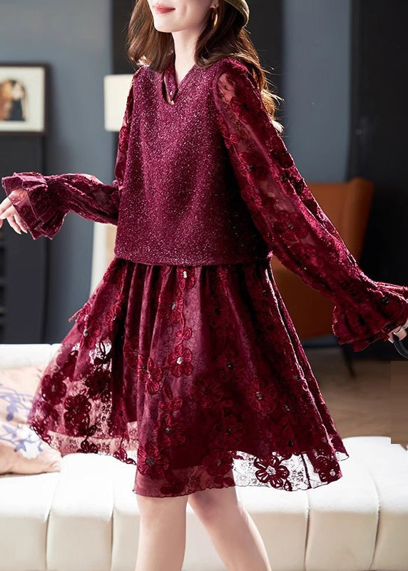 Modern Red O-neck Patchwork Fake Two Pieces Long Dresses Spring