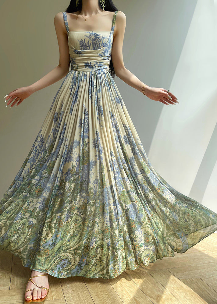New Blue Wrinkled Print Tulle Spaghetti Strap Dress Sleeveless Summer