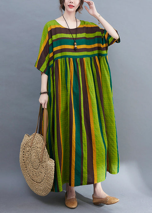 Green Striped O-neck Wrinkled Pockets Beach Dress Short Sleeve
