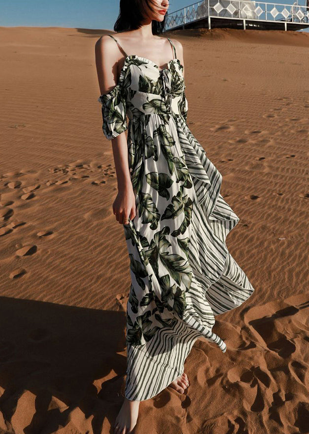 Green Print Lace Up Patchwork Cotton Spaghetti Strap Dress Summer
