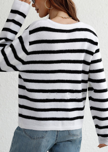 White O Neck Striped Knit Loose Cardigans Spring