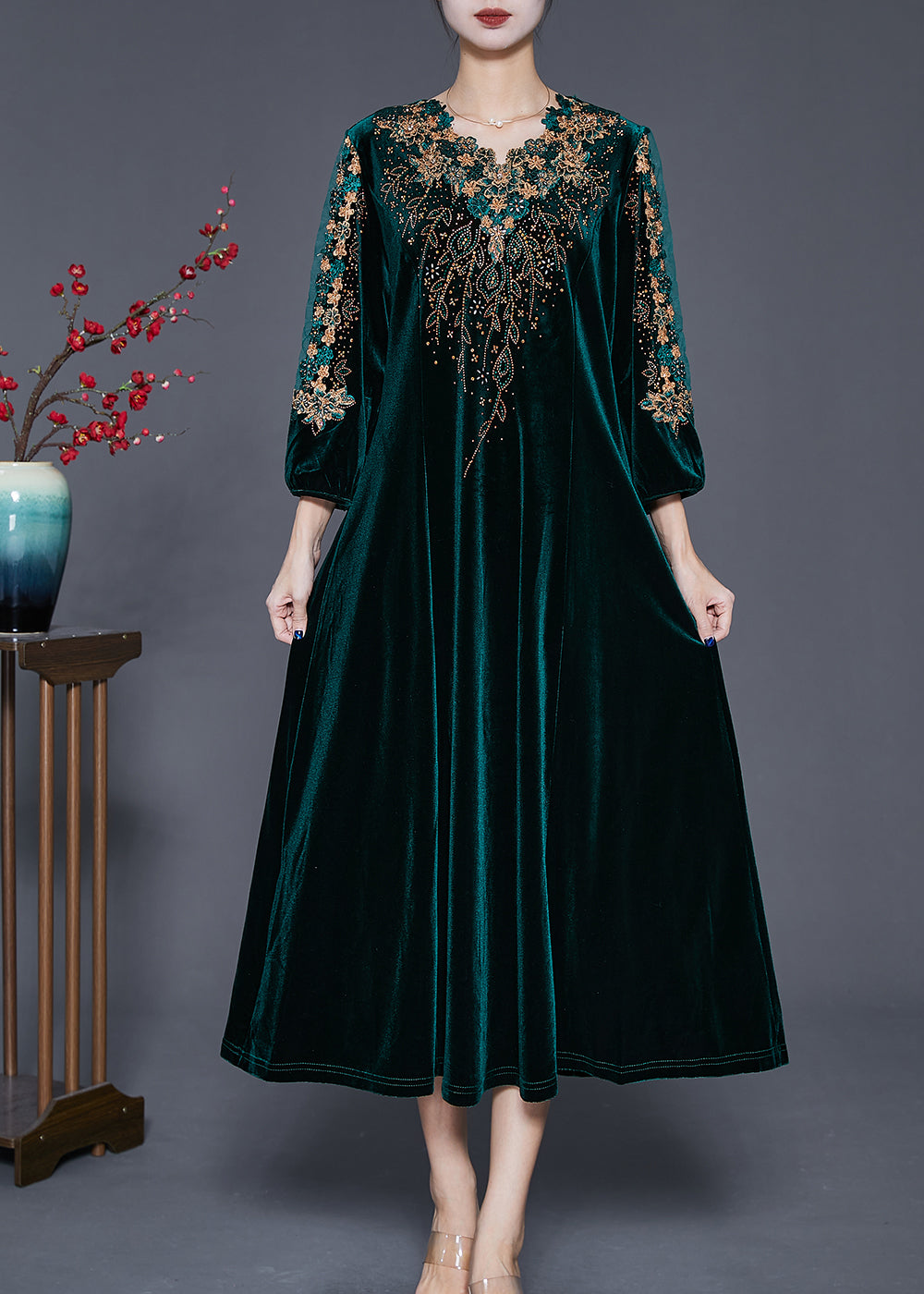 Blackish Green V Neck Zircon Silk Velour Maxi Dresses Fall
