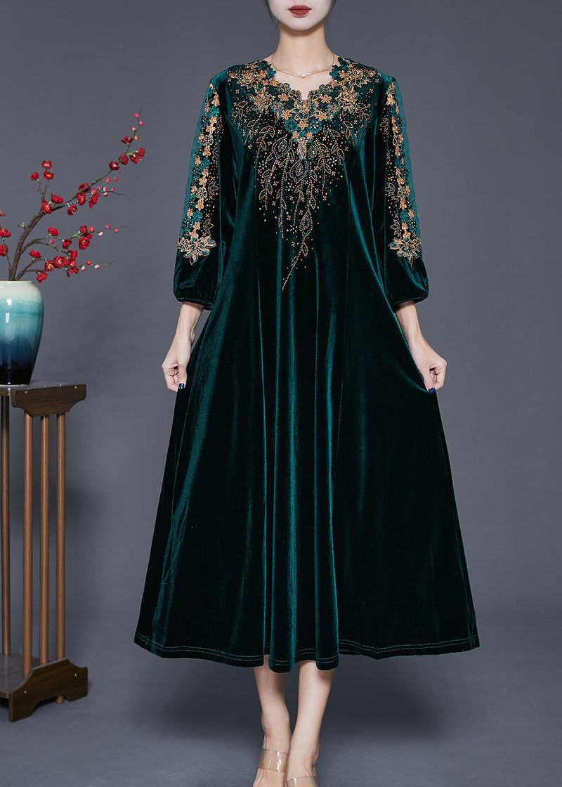 Blackish Green V Neck Zircon Silk Velour Maxi Dresses Fall