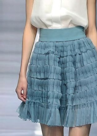 Blue Elastic Waist Tulle Skirt Wrinkled Summer