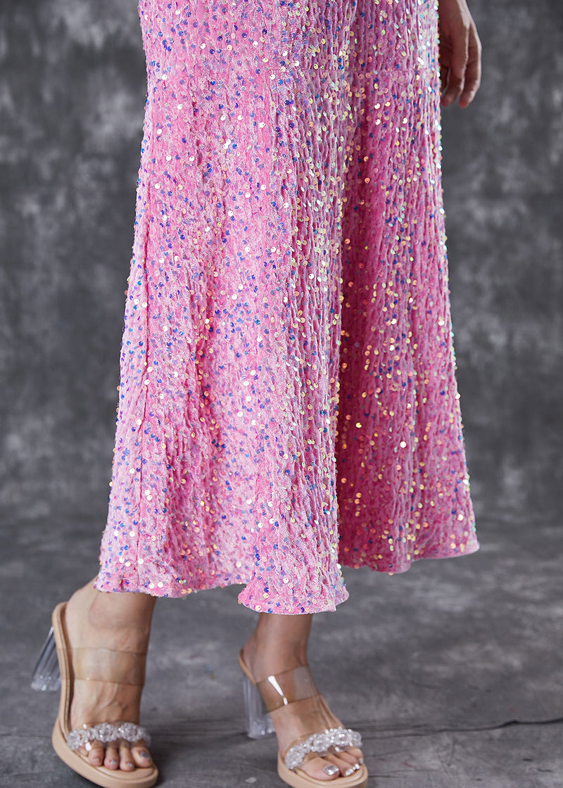 Pink Sequins Wrinkled Silk Velour Dress Vestidos Spring