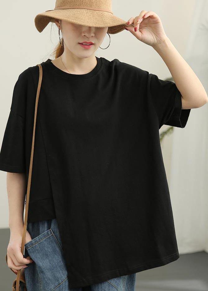 Black Asymmetrical Design Cotton Tee Summer
