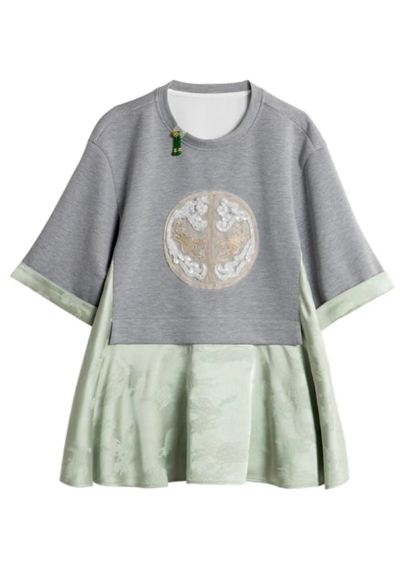 Green False Two Pieces Print Patchwork Cotton Top Summer