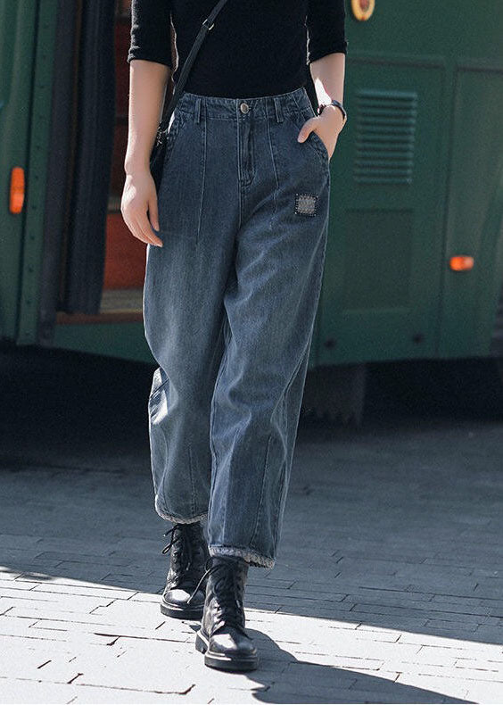 Style Navy High Waist Pockets Harem Fall Denim Pants