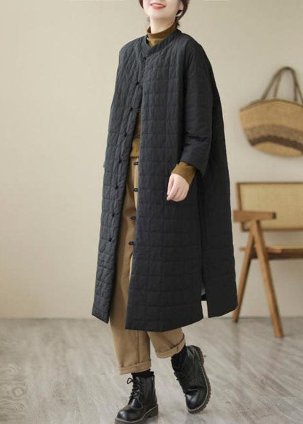 Loose Black Stand Collar Side Open Oriental Button Witner Coats