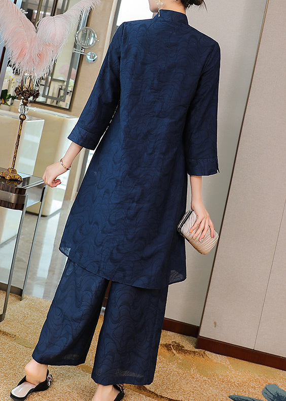 Navy Silk Two Pieces Set Embroideried Stand Collar Button Spring