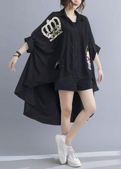 Fine Black Peter Pan Collar Low High Design Summer Top