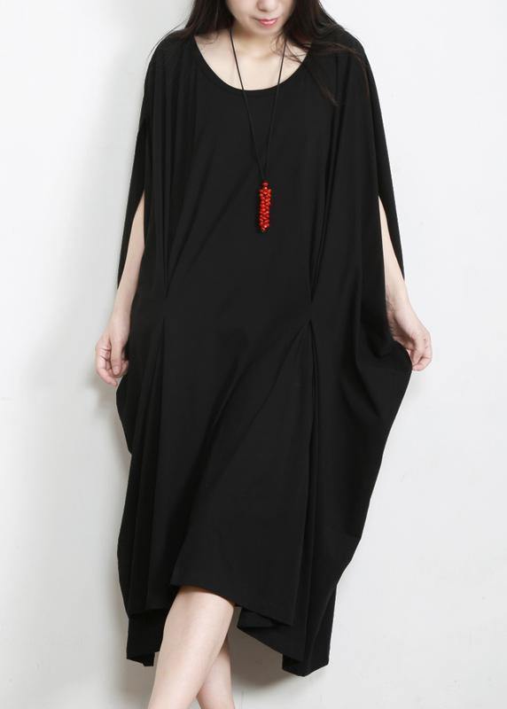Diy Black Asymmetric Cotton Long Dress O Neck