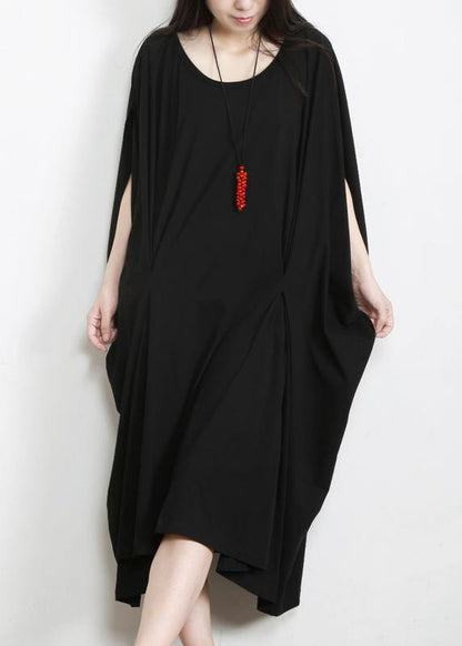 Diy Black Asymmetric Cotton Long Dress O Neck