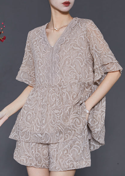 Khaki Jacquard Patchwork Lace Two Pieces Set Summer