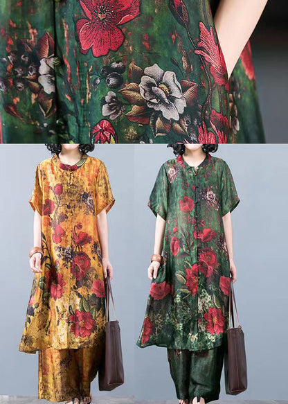 Yellow Loose Silk Long Tops and Wide Leg Pants Two Pieces Set Short Sleeve