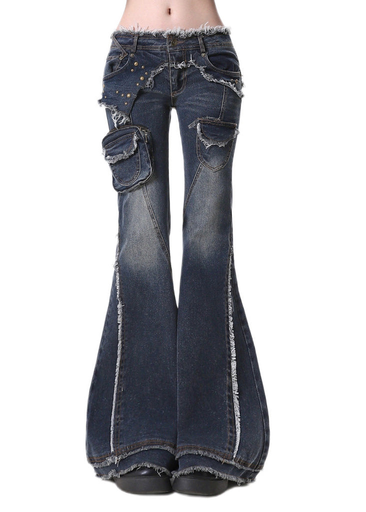 Navy Tasseled Patchwork Pockets Denim Flare Bottoms Pants Spring