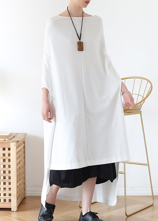 Italian White Slash Neck Asymmetrical Cotton Long Dress Batwing Sleeve