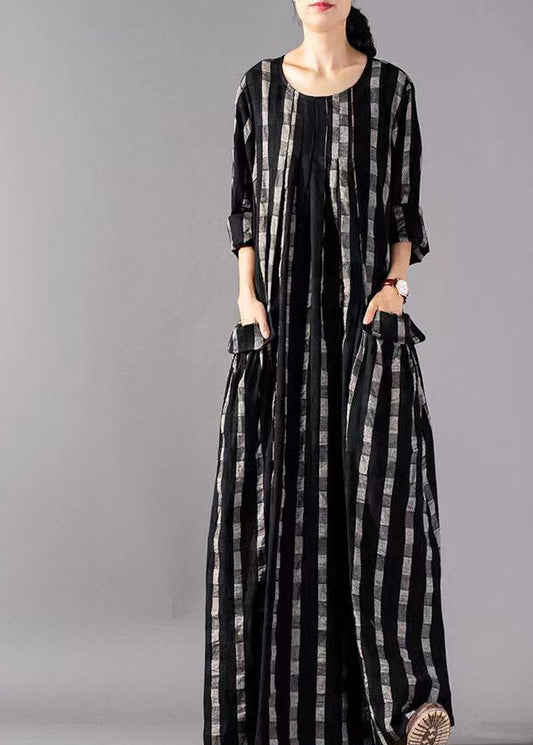 Black O-neck Plaid Print Cotton Long Dresses Long Sleeve