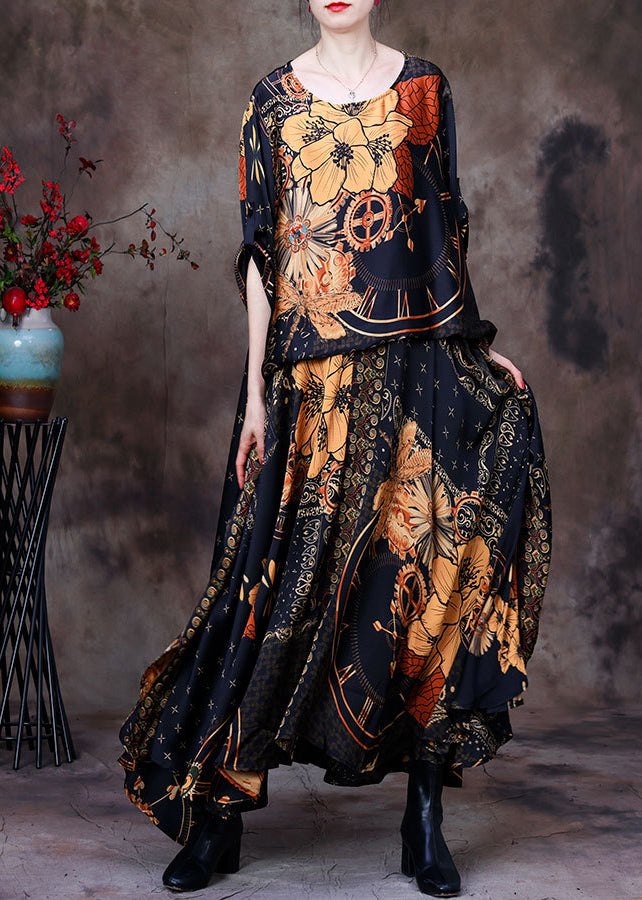 Yellow O-neck Asymmetrical Print Fake Two Pieces Silk Maxi Dress Long Sleeve