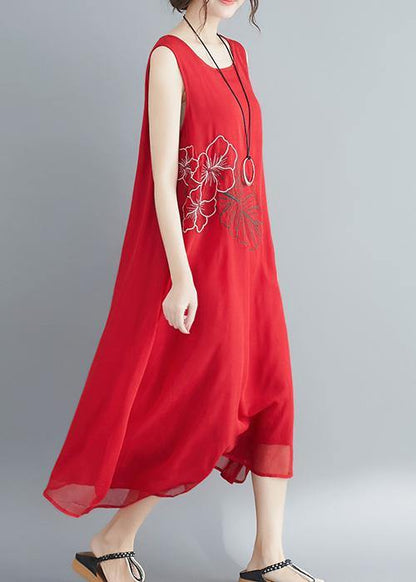 Buy Red Cotton Blended Robes Shirts Sleeveless Embroidery Long Summer Dress