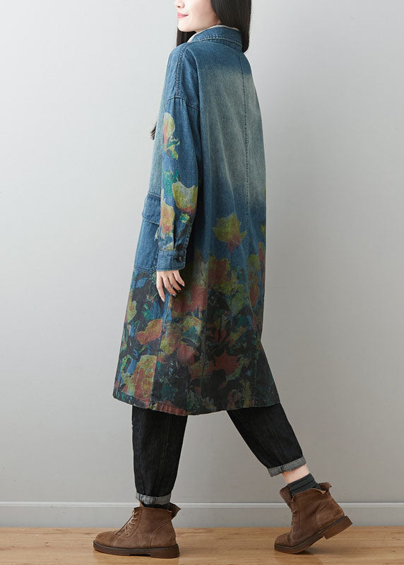 Blue Peter Pan Collar Pockets Print Cotton Denim Coats Spring