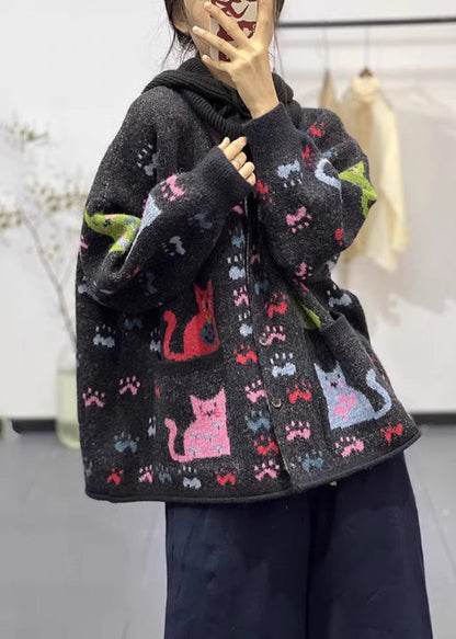Black Oversized Print Denim Knit Jackets Spring